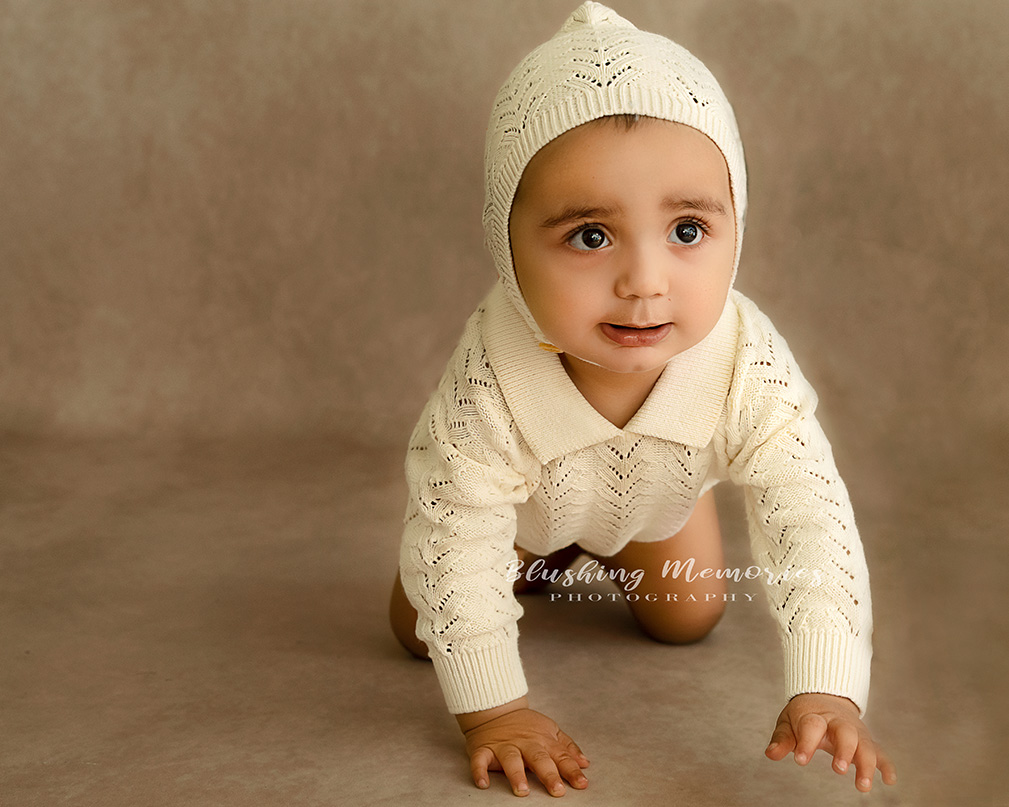 one year old portrait of a baby boy in the studio of blushing memories, Folsom, CA