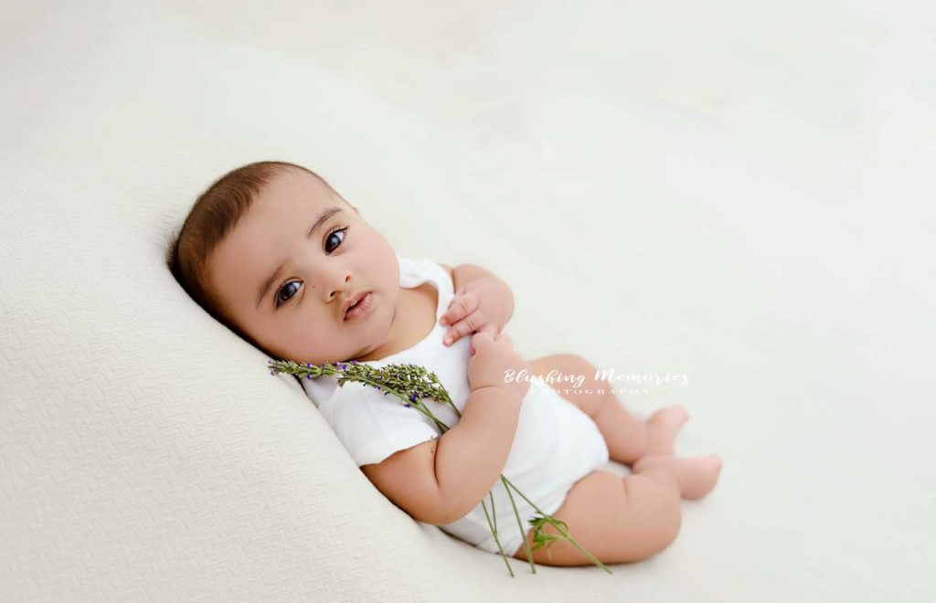 6 Months photo session the studio with lavender flower