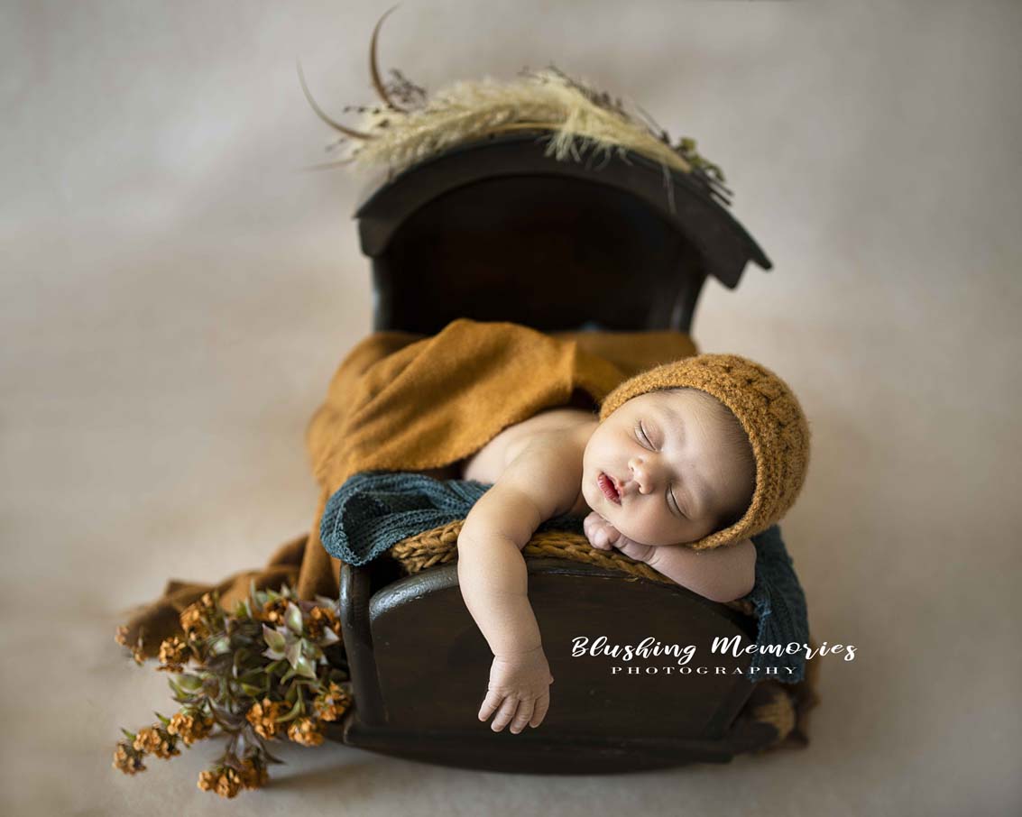 Newborn baby boy photoshoot in a cradle