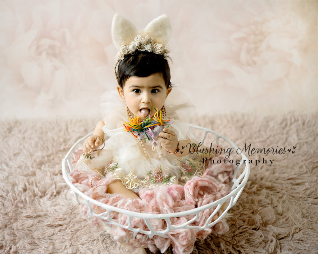 9 month old baby girl portrait photoshoot siting in a decorative bowl