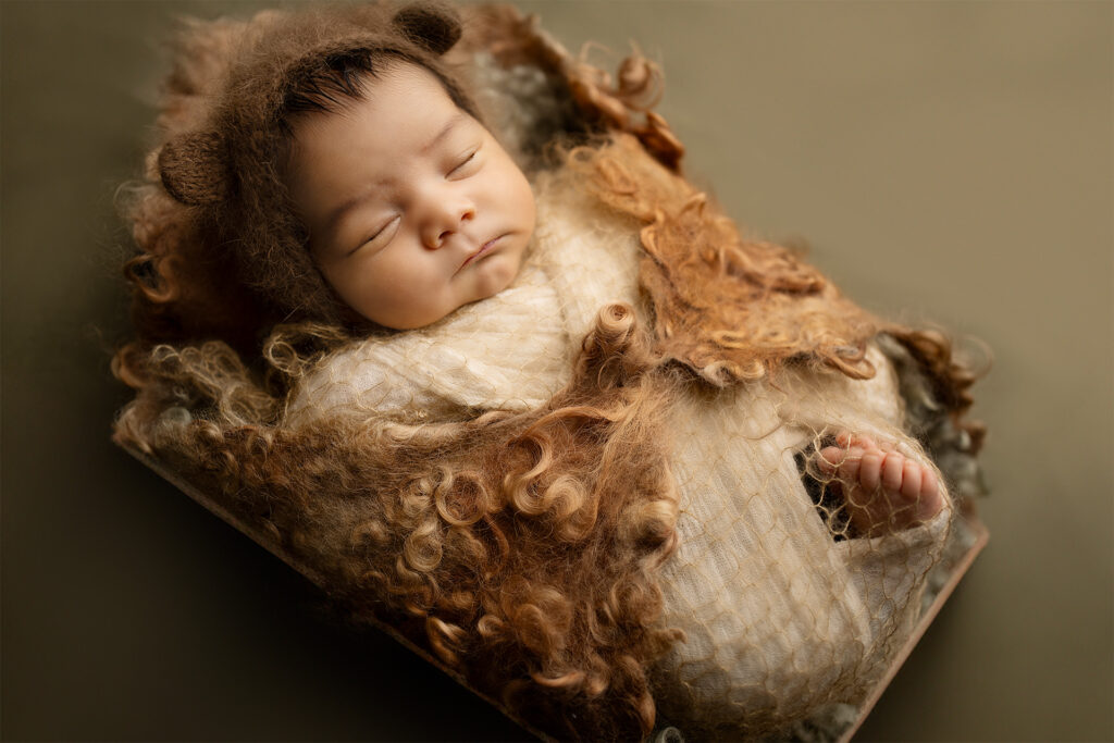 A newborn baby boy peacefully sleeping, wrapped in a brown beige felted wrap, photographed at Blushing Memories Photography Studio in El Dorado Hills, California.